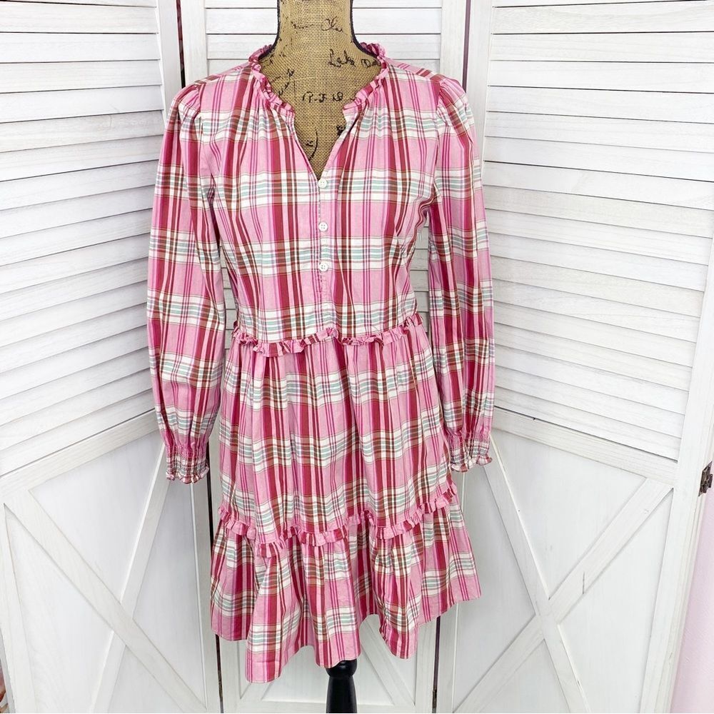 J. Crew Factory Plaid Ruffle Trim Tiered Shift Dress Pink 6